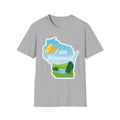 Sport Grey T-shirt with Wisconsin outline graphic, cheese & landscape, “I am Wisconsin”