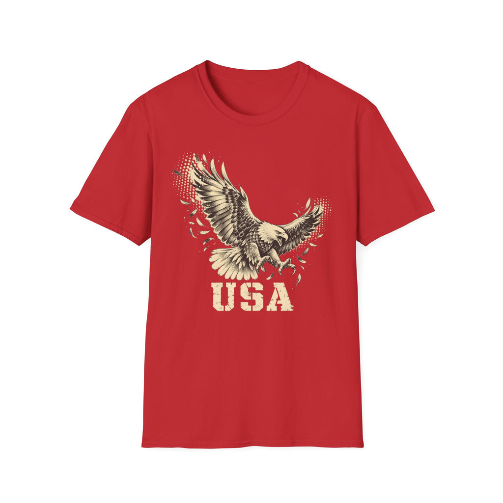 Red crew-neck T-shirt with soaring bald eagle and “USA” graphic print