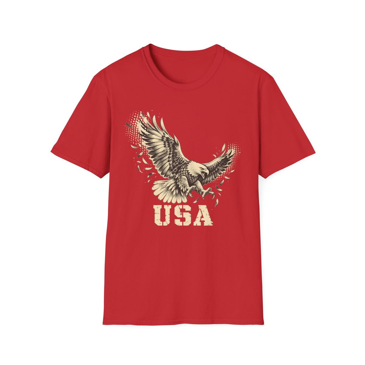 Red crew-neck T-shirt with soaring bald eagle and “USA” graphic print