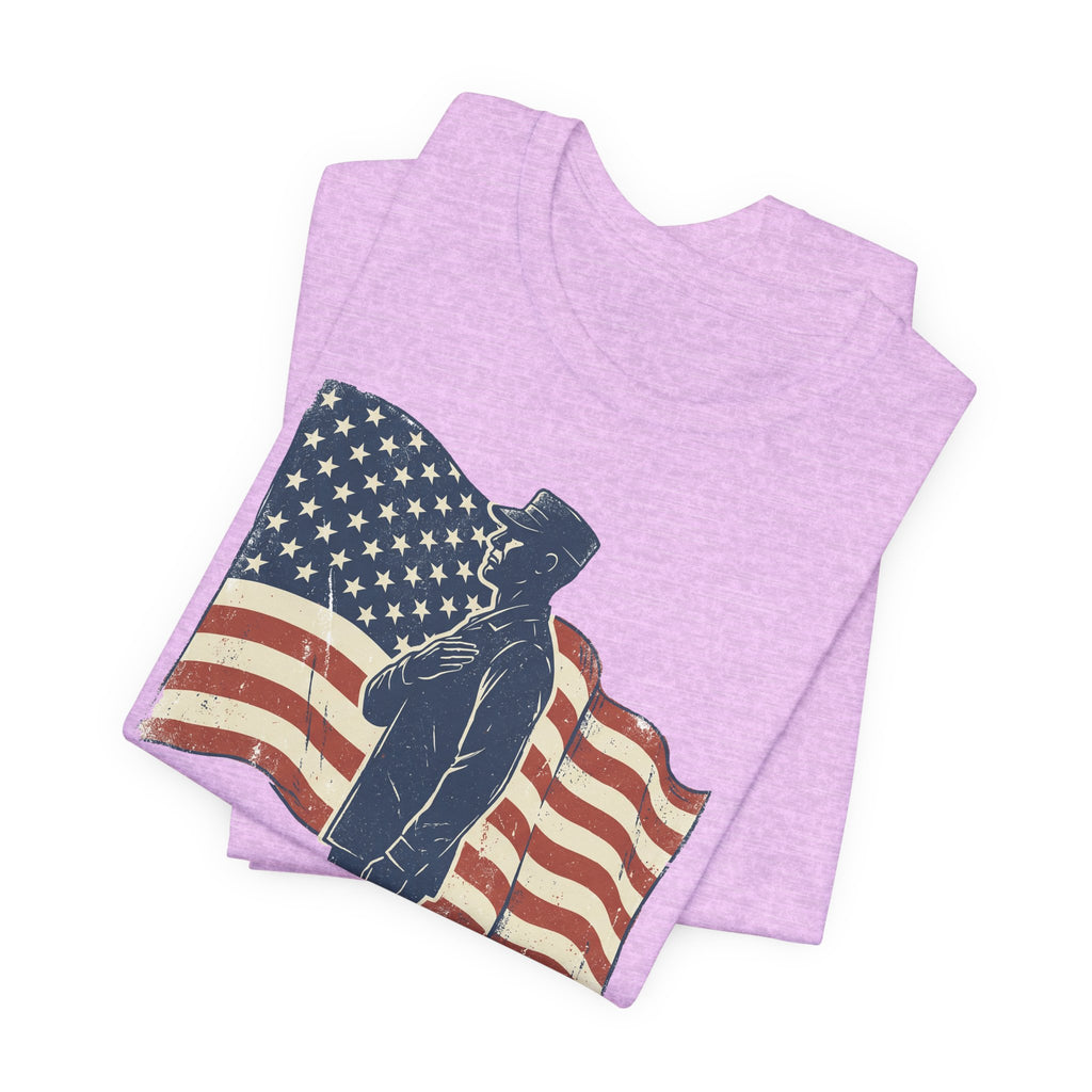 Lilac crew-neck T-shirt with saluting soldier and American flag graphic