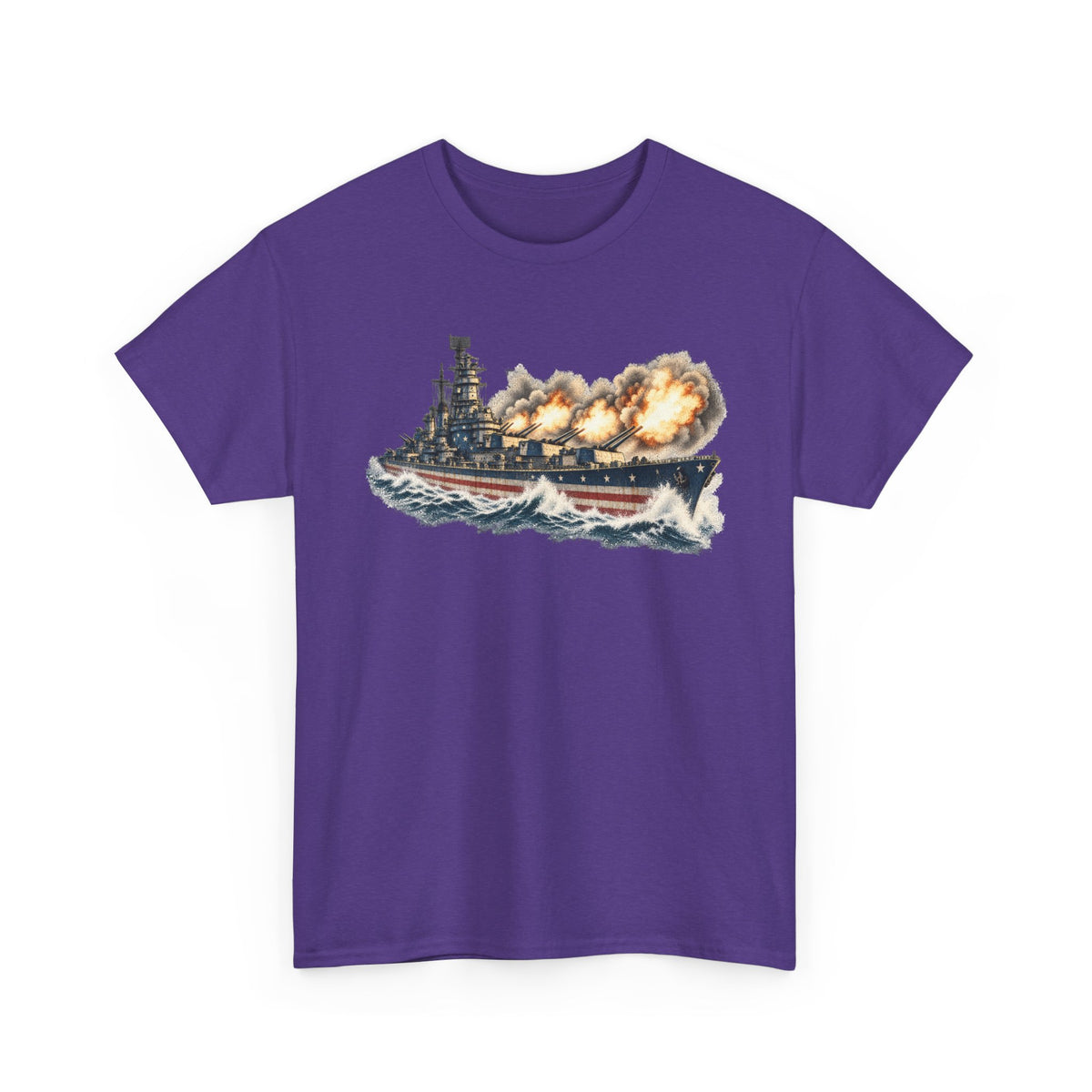 Purple crew-neck T-shirt with battleship firing broadside graphic on front