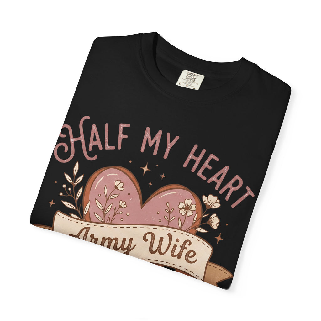 Black T-shirt with close-up heart graphic and “Army Wife” banner text