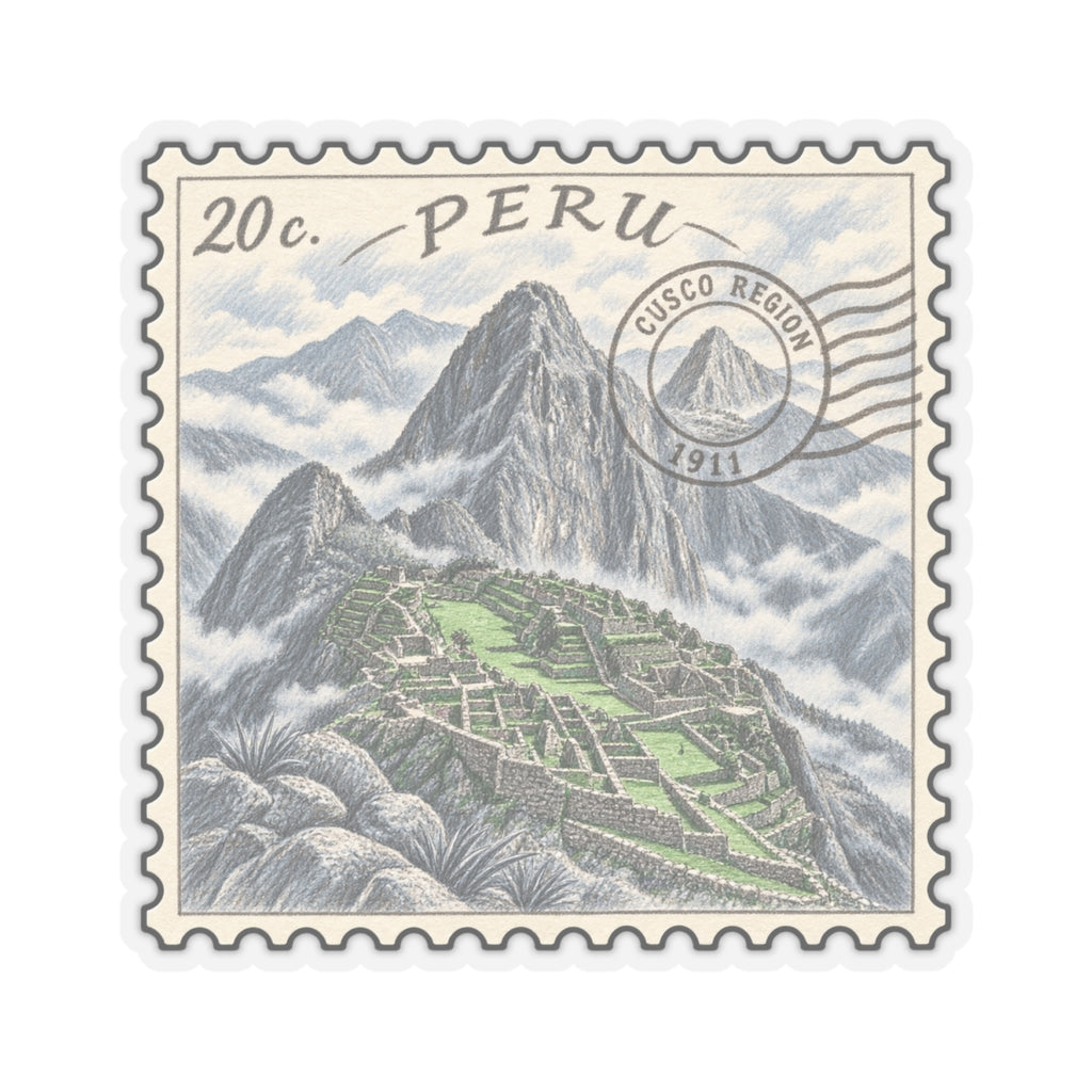 Machu Picchu stamp sticker displaying “Peru” and Cusco Region stamp over peaks