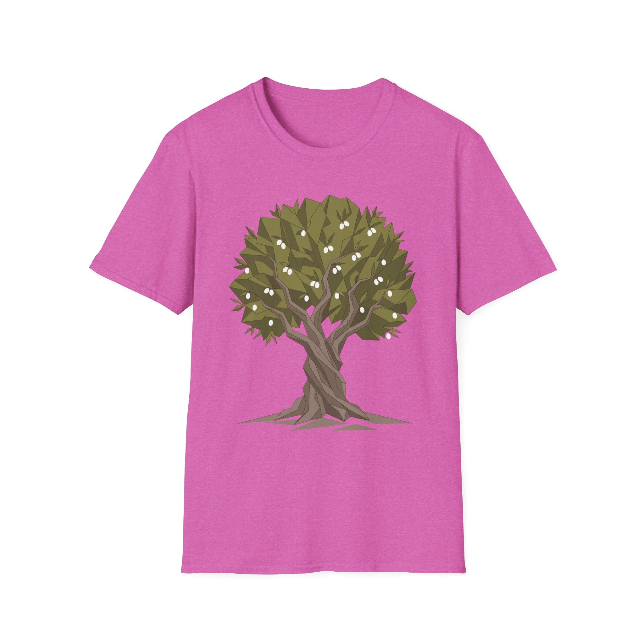 Twisted Olive Tree T-Shirt (lilac) with twisted olive tree graphic in green and tan