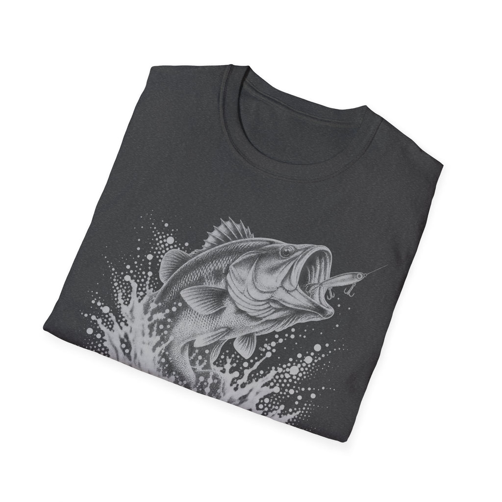 Dark heather t-shirt with angled view of largemouth bass splash and 'ALABAMA' graphic