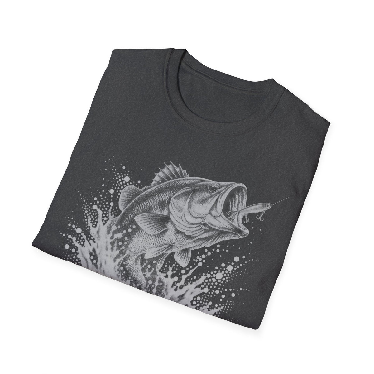 Dark heather t-shirt with angled view of largemouth bass splash and 'ALABAMA' graphic