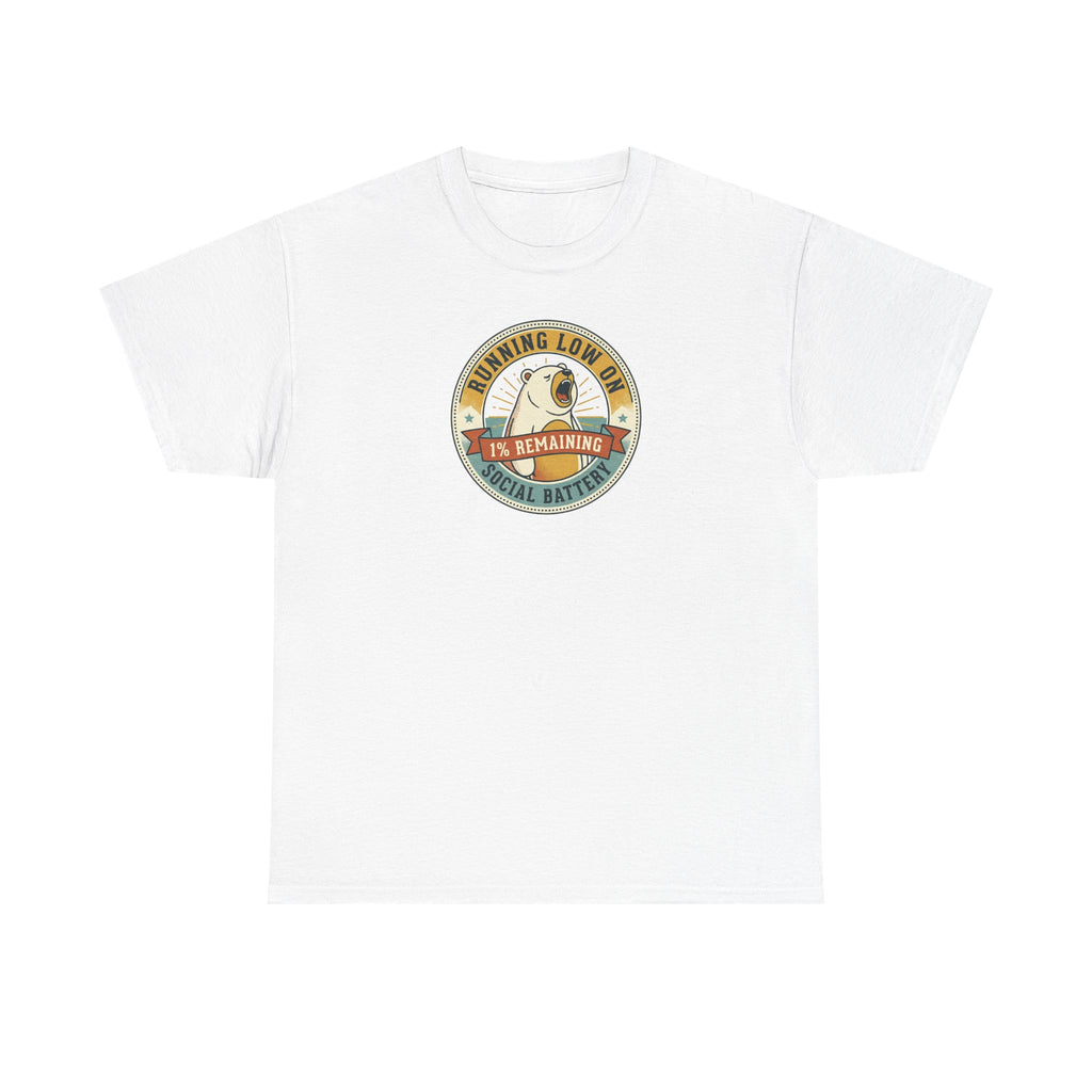 White graphic T-shirt with circular bear badge logo