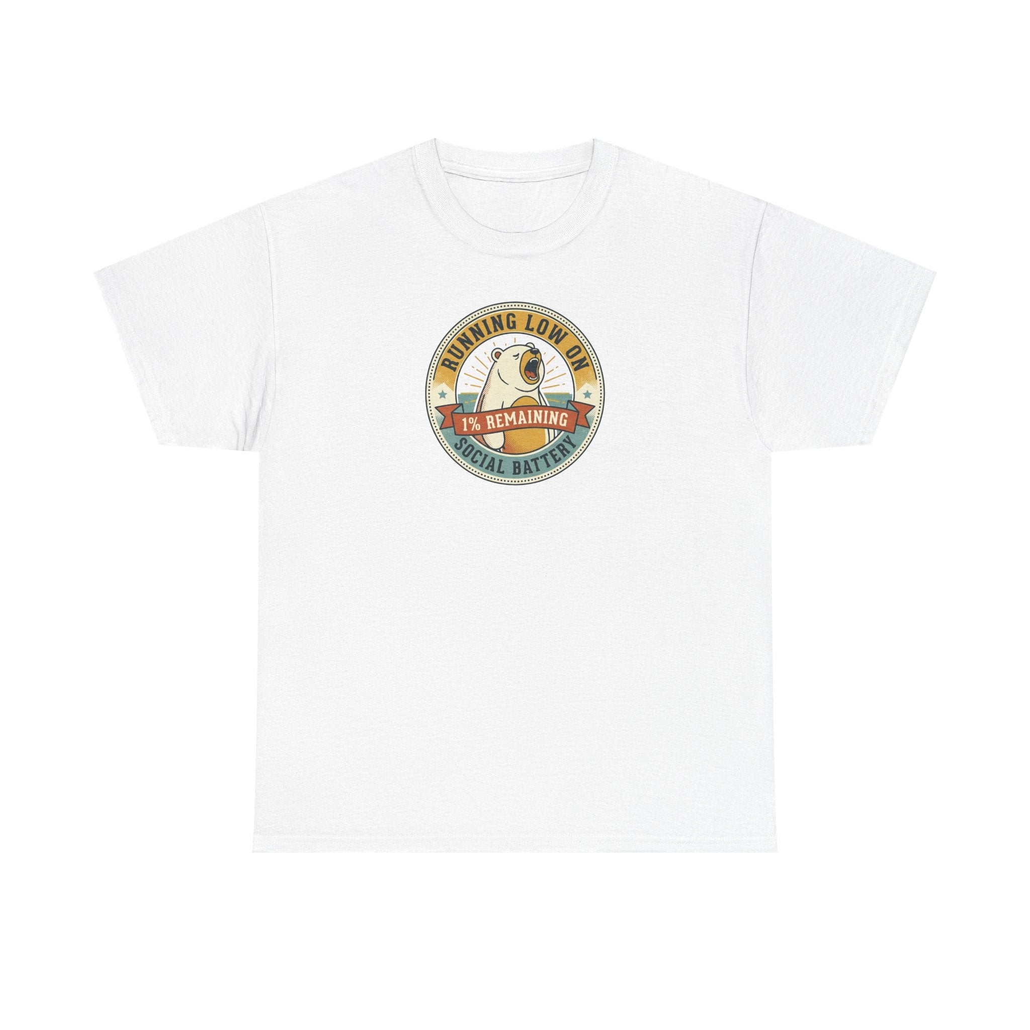 White graphic T-shirt with circular bear badge logo