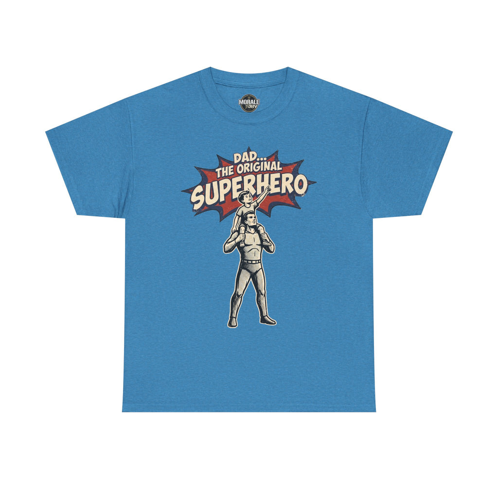 Blue crewneck T-shirt with retro comic superhero dad graphic on the chest