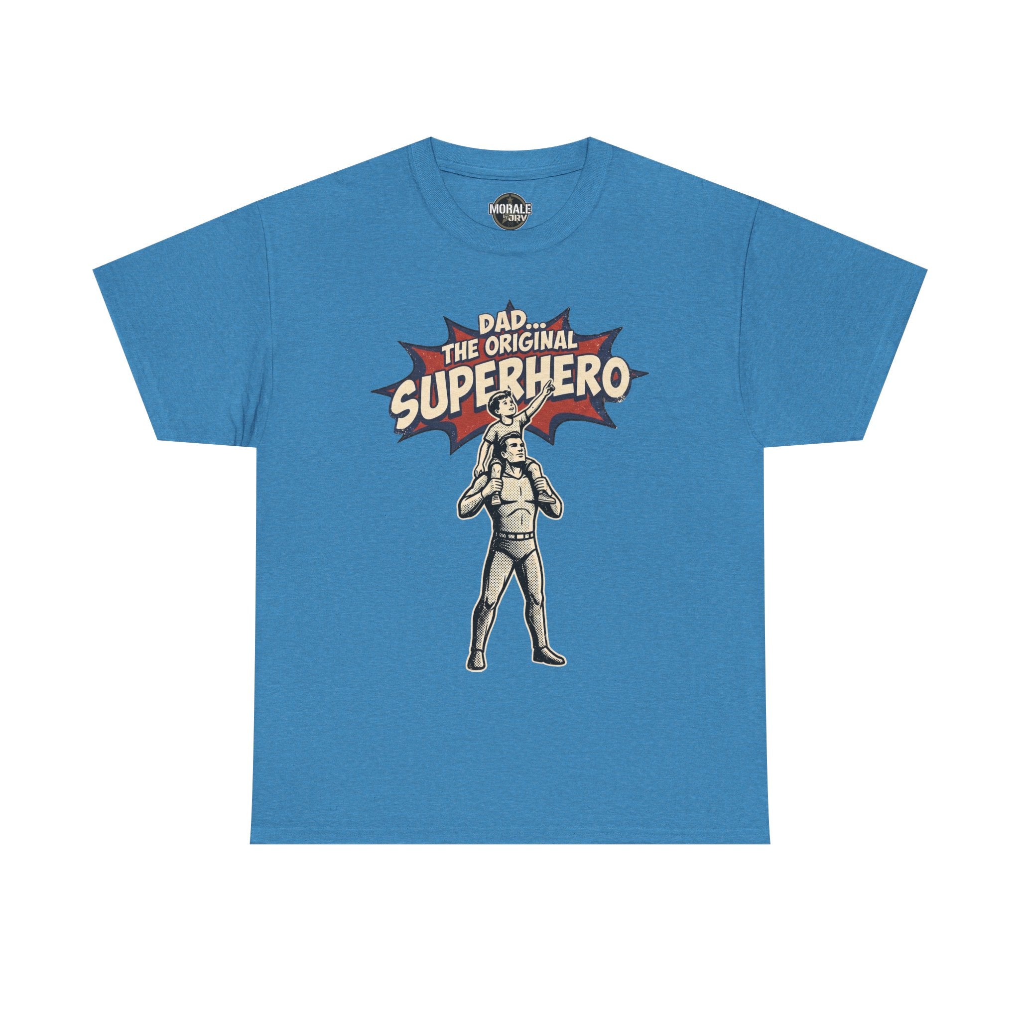 Blue crewneck T-shirt with retro comic superhero dad graphic on the chest