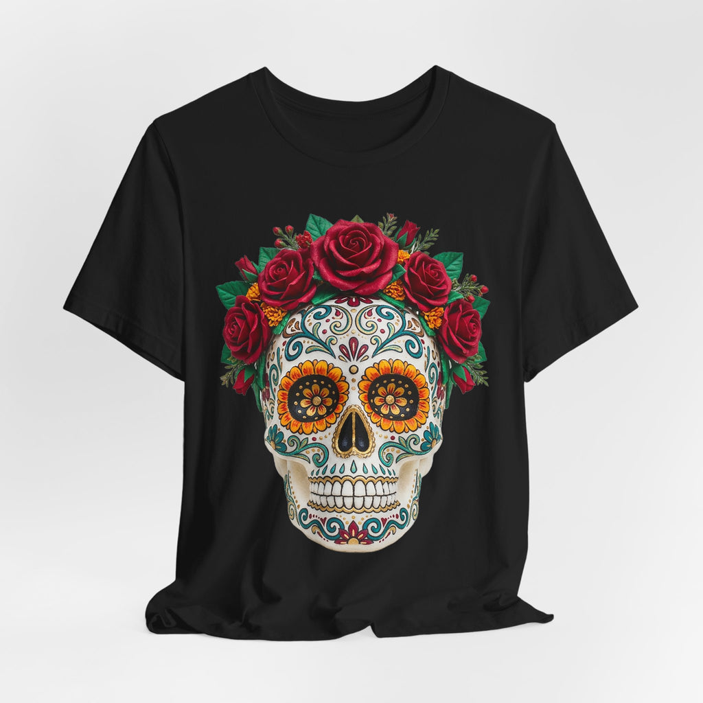 Sugar skull T-shirt with red rose crown, full front on black shirt