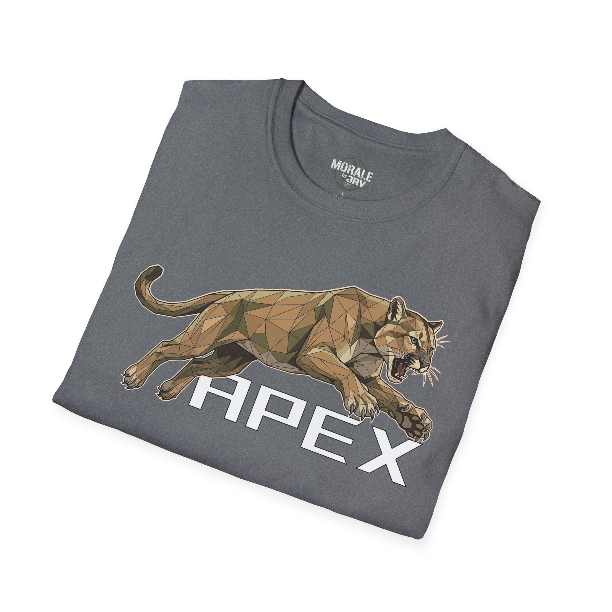 Leaping Cougar graphic tee, dark heather, geometric cougar with “HPEX”