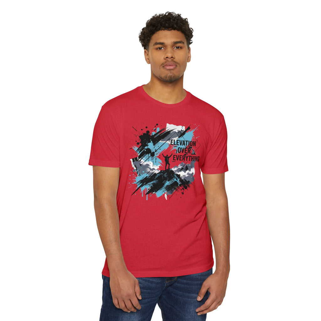 Red crewneck T-shirt with mountain-style elevation graphic across chest.