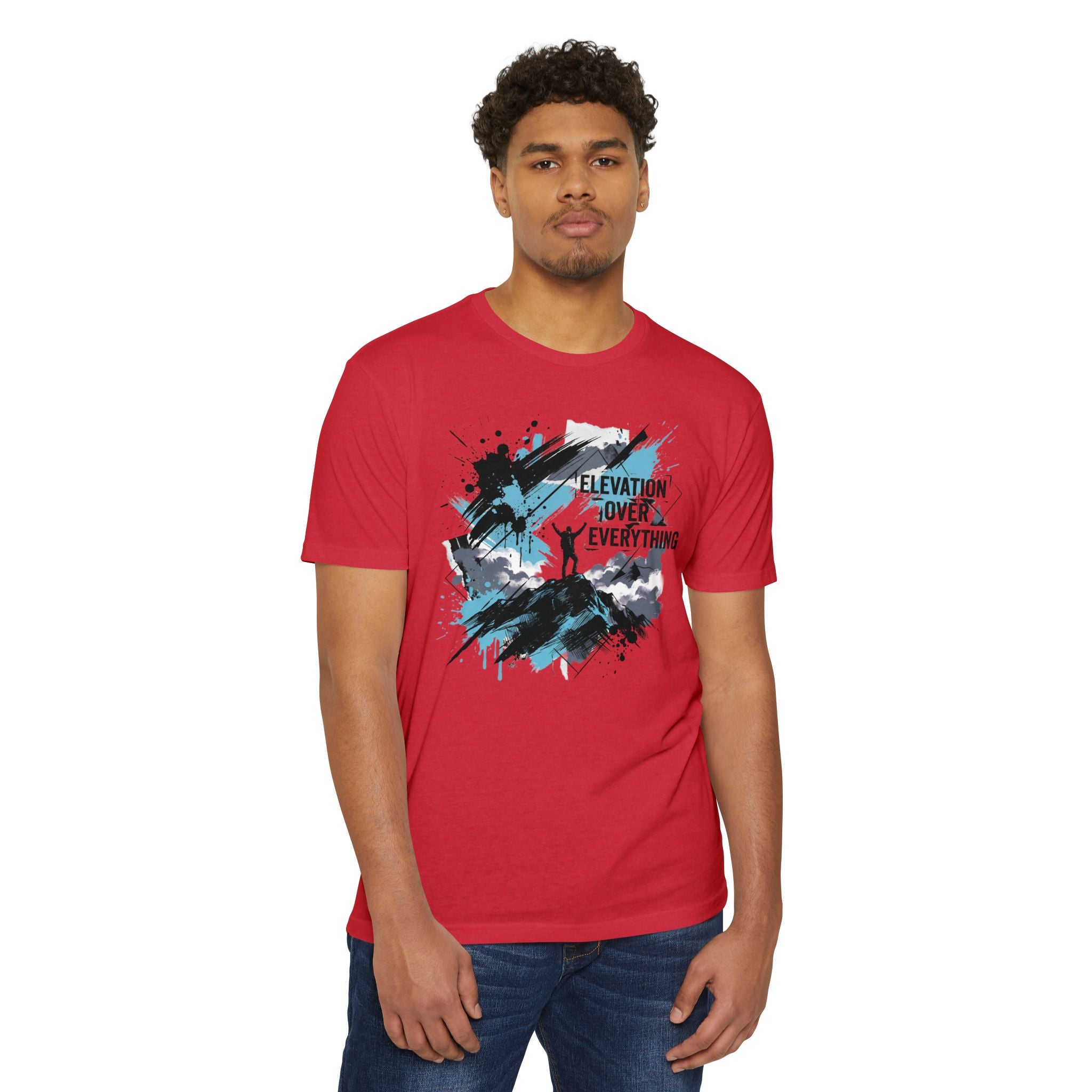 Red crewneck T-shirt with mountain-style elevation graphic across chest.