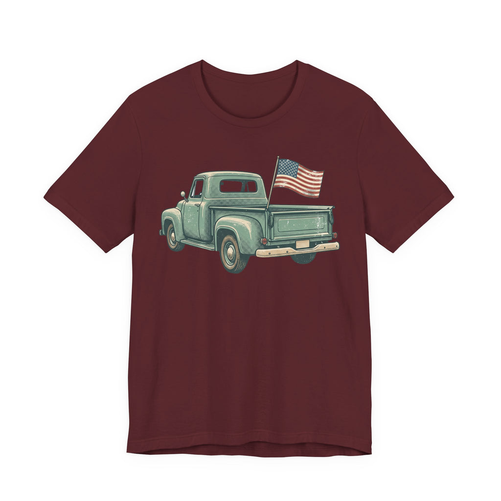 Burgundy pickup truck graphic T-shirt with small American flag