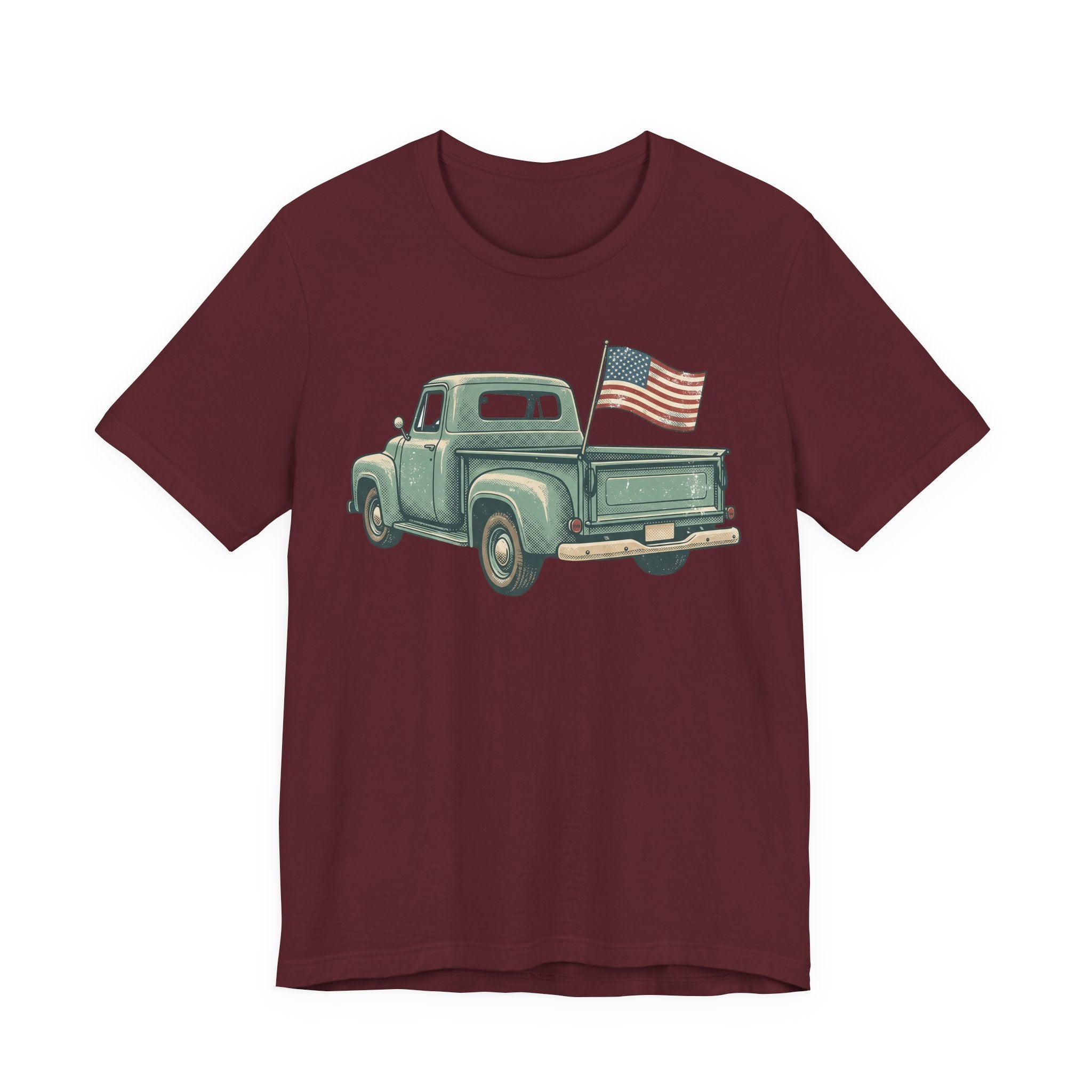 Burgundy pickup truck graphic T-shirt with small American flag