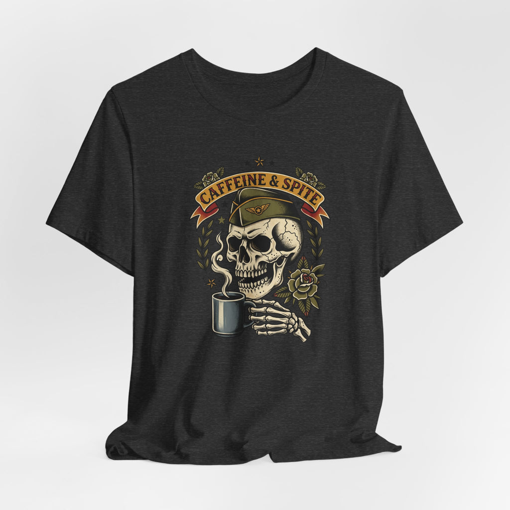 Black skull graphic t-shirt front with coffee mug banner and laurel wreath