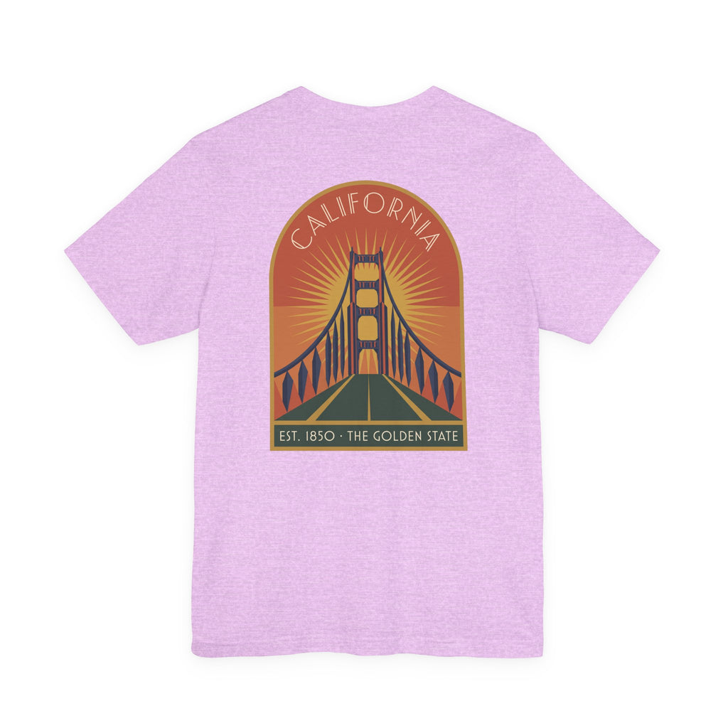 Lilac T-shirt with California Golden Gate Bridge sunset graphic on chest