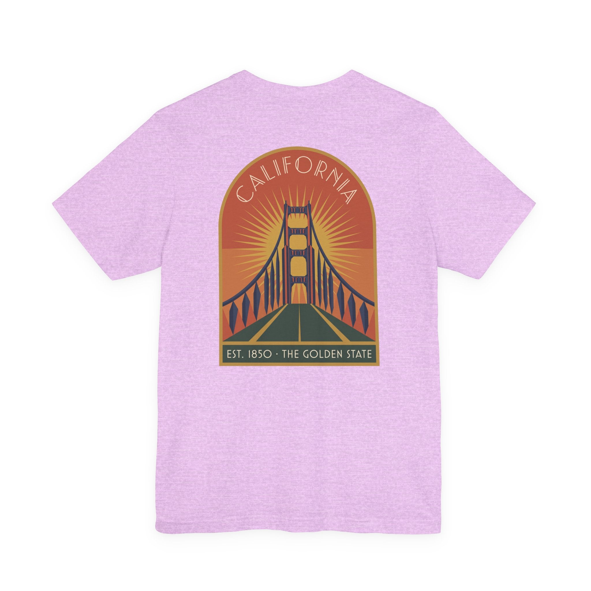 Lilac T-shirt with California Golden Gate Bridge sunset graphic on chest