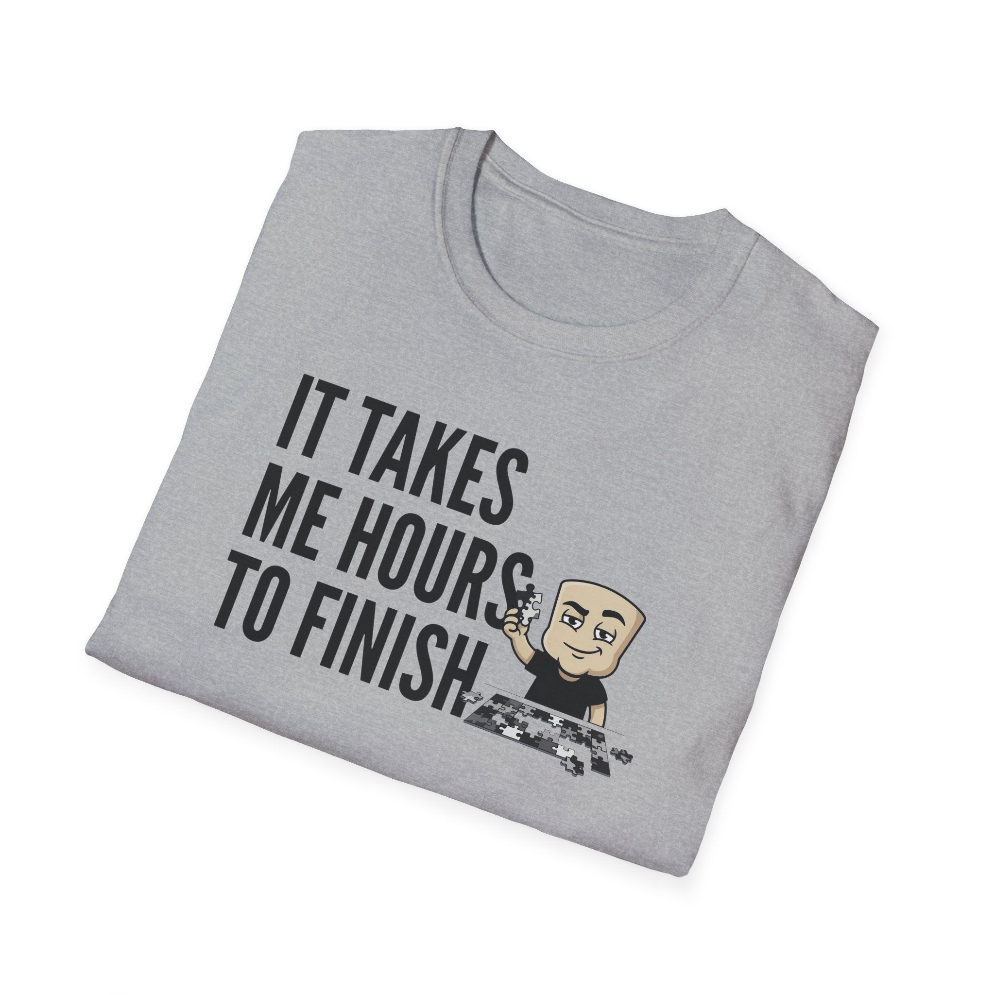 T-shirt in heather gray with 'It takes me hours to finish' puzzle graphic