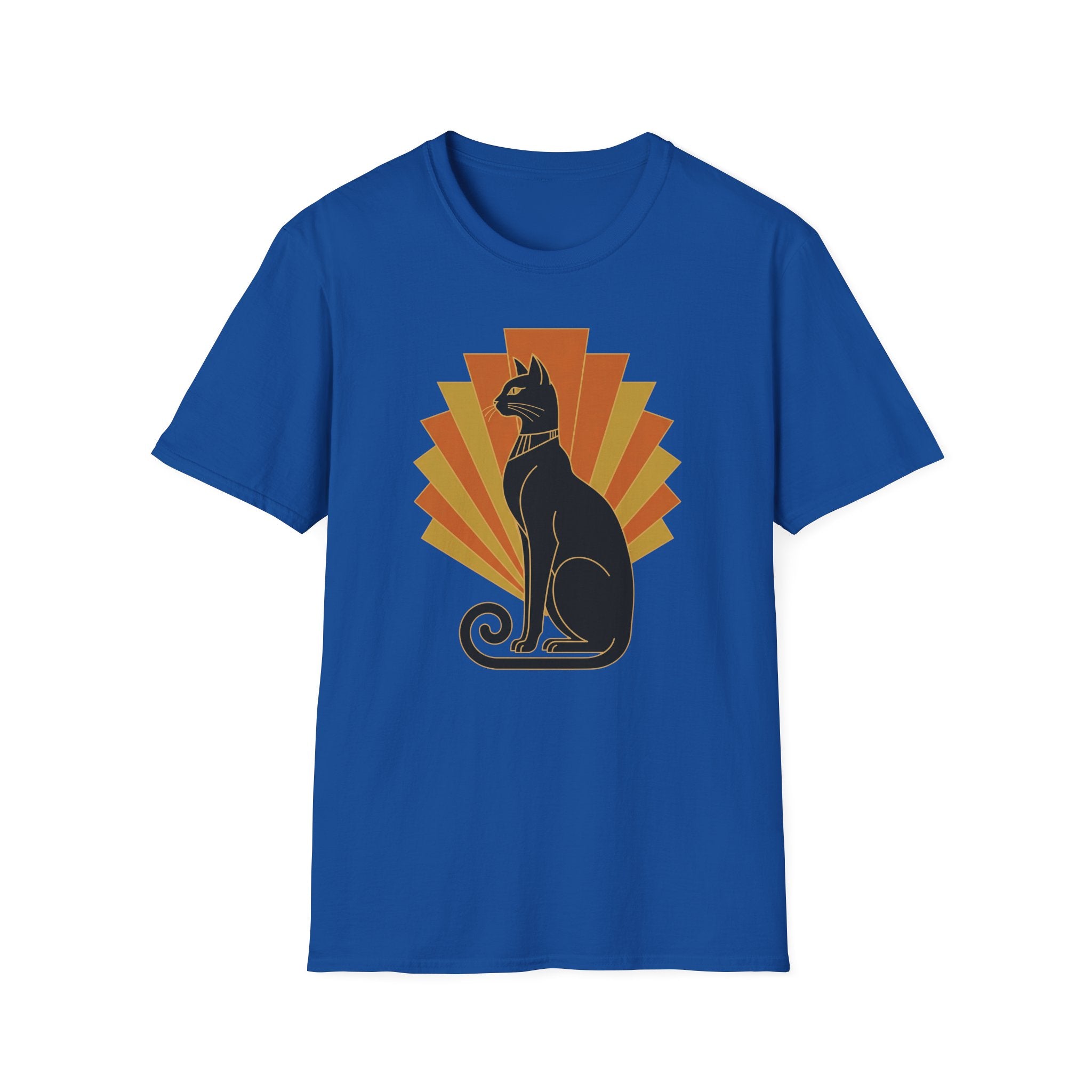 Blue short-sleeve cat graphic T-shirt with orange-yellow sunburst print