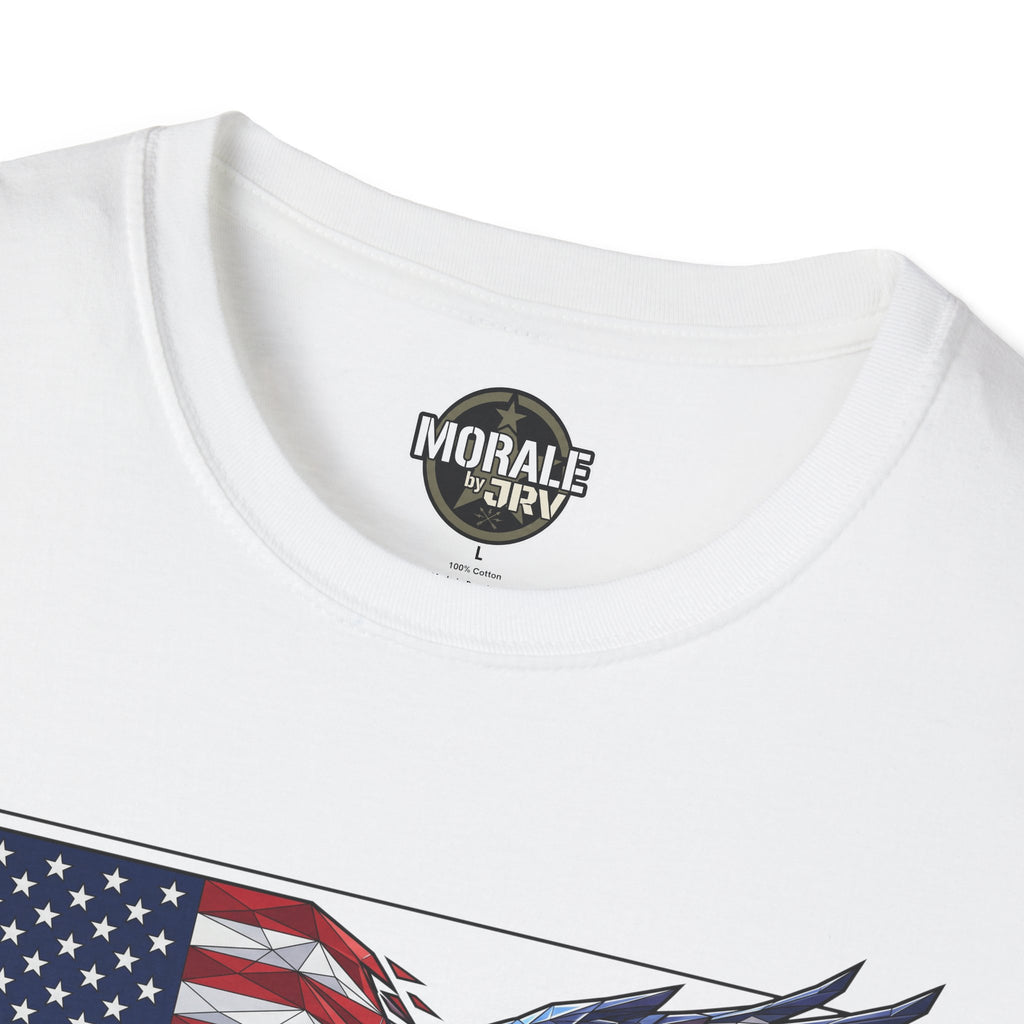 White T-shirt neckline with “Morale by Ari…” logo patch