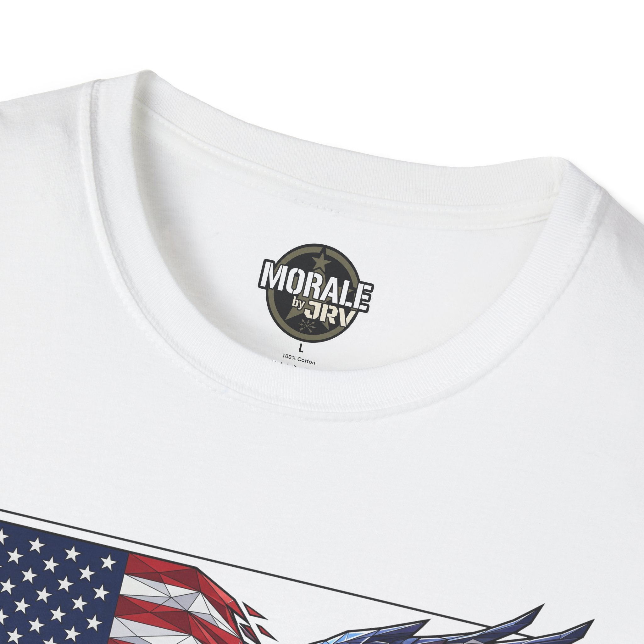 White T-shirt neckline with “Morale by Ari…” logo patch