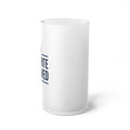 Frosted glass beer mug with partial “WHITE” patriotic logo on the side