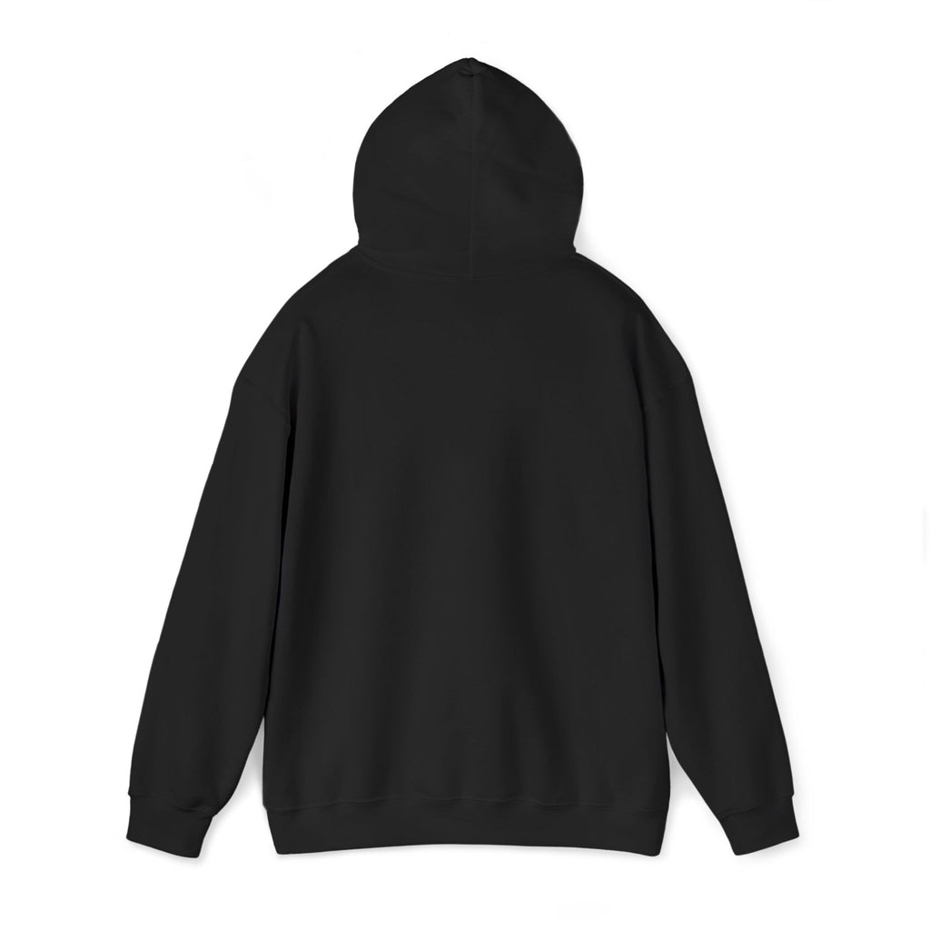 Unisex black hoodie back view with hood and long sleeves