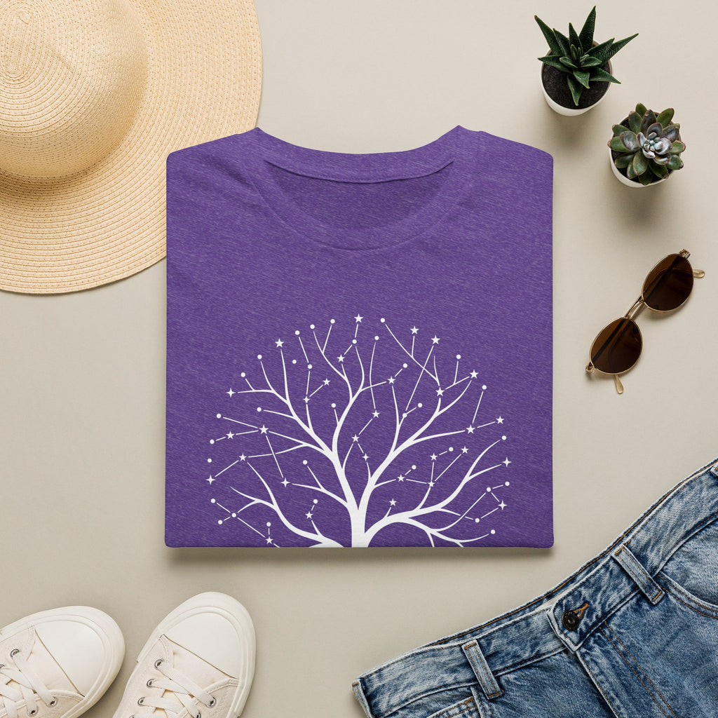 Purple t-shirt with white celestial tree of life and star constellation artwork on front.