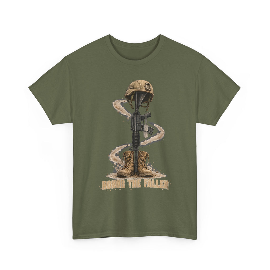 Military green graphic t-shirt with soldier and rifle emblem on front.