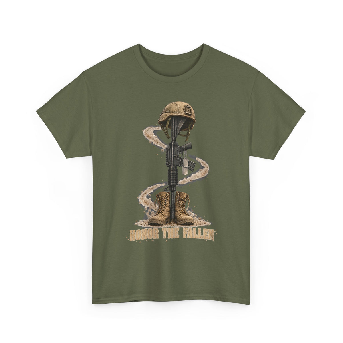 Military green graphic t-shirt with soldier and rifle emblem on front.
