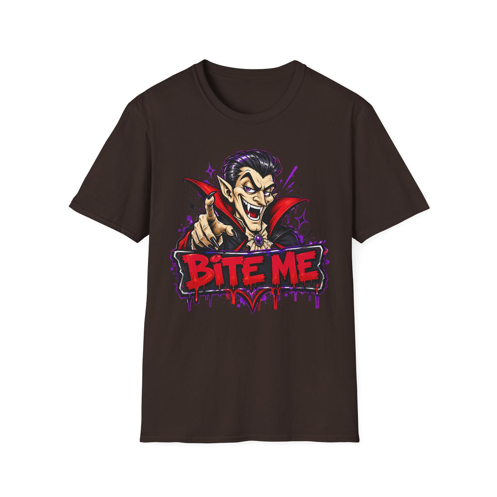 Brown crew-neck t-shirt with centered vampire “BITE ME” graphic in purple and red