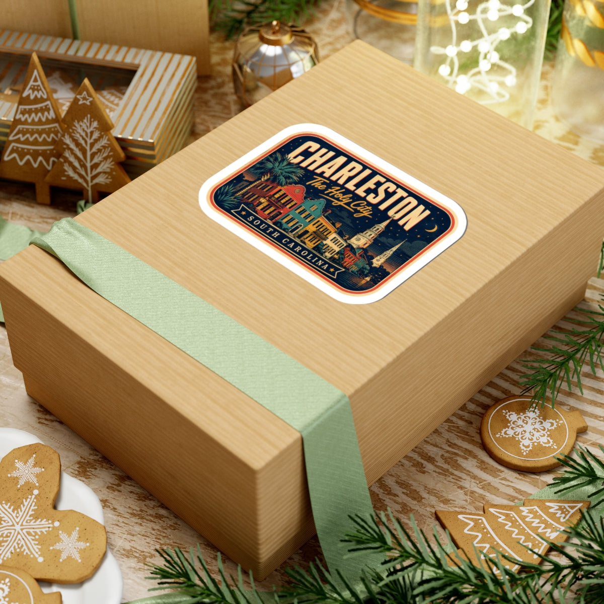 Luggage tag sticker on wrapped gift, rounded rectangle Charleston skyline with palm tree detail
