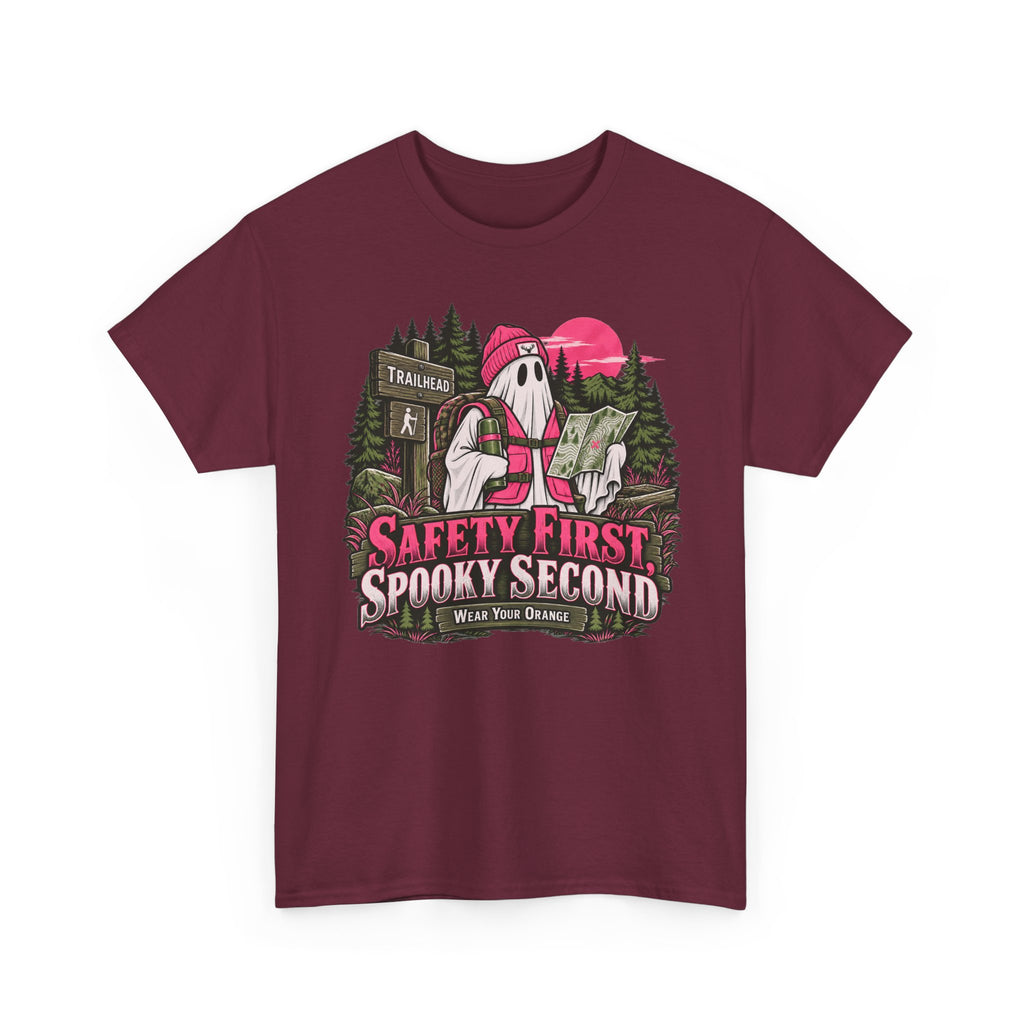 Safety First Spooky Second T-Shirt, Funny Ghost Hiker Halloween Shirt for Men and Women, Camping Trail Graphic Tee
