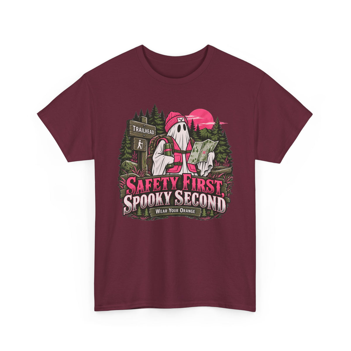 Safety First Spooky Second T-Shirt, Funny Ghost Hiker Halloween Shirt for Men and Women, Camping Trail Graphic Tee
