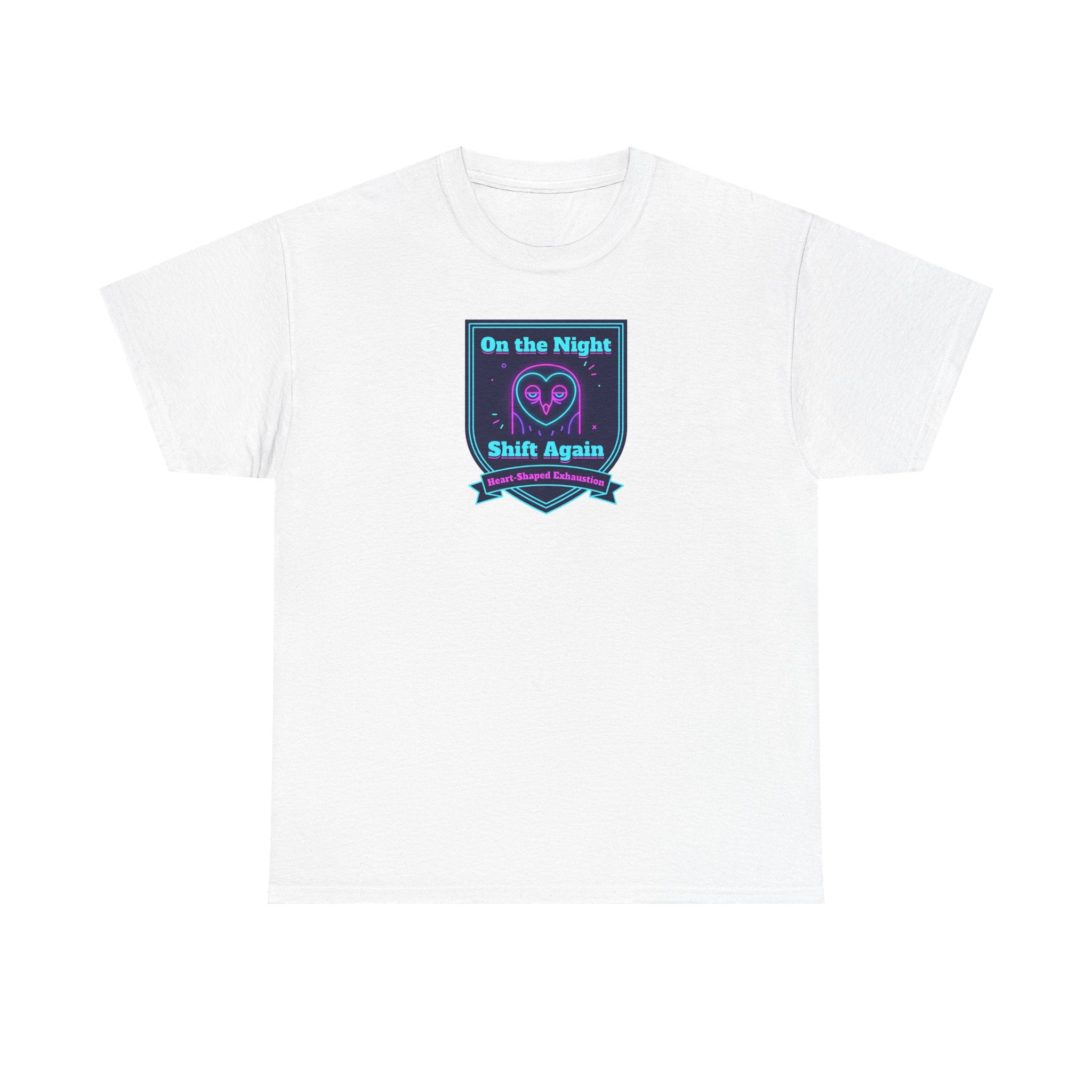 White crew-neck T-shirt with night shift slogan graphic on chest