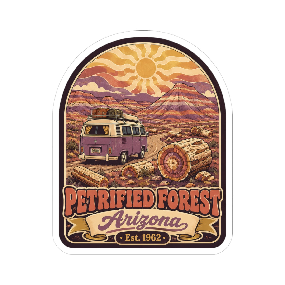 Vintage desert camper van sticker with sun and logs, text 'Petrified Forest Arizona Est. 1962'.