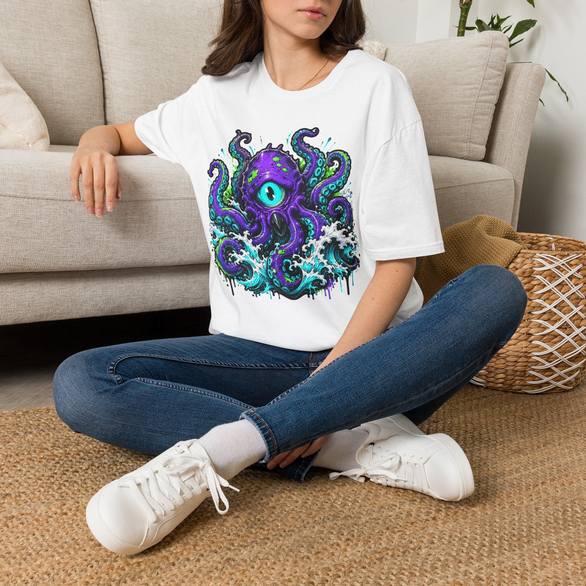 White crew-neck T-shirt with purple cyclops octopus graphic with teal tentacles