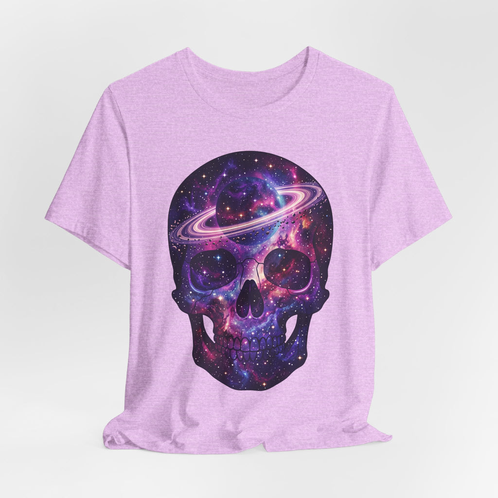 Heather lilac T-shirt with front nebula galaxy skull print