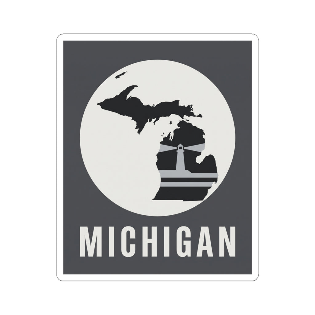 Michigan kiss-cut vinyl decal: white circle, black silhouette, and “MICHIGAN” lettering.