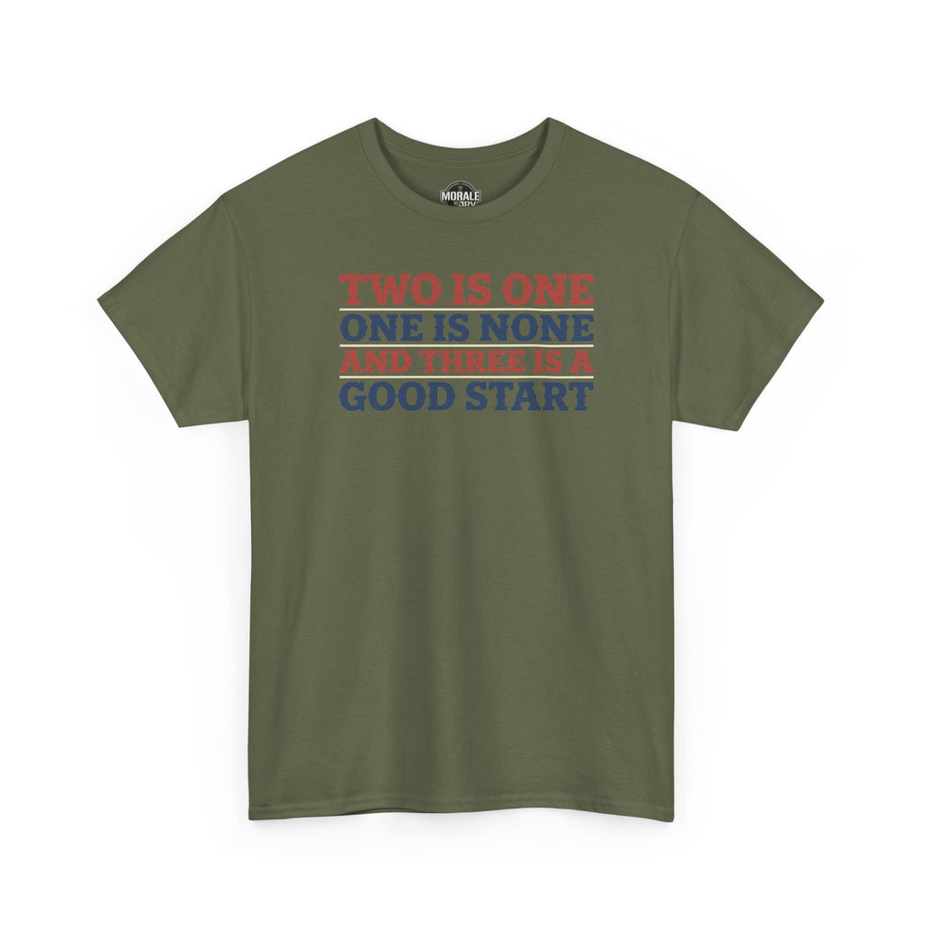 Olive green T-shirt with colorful slogan graphic on chest