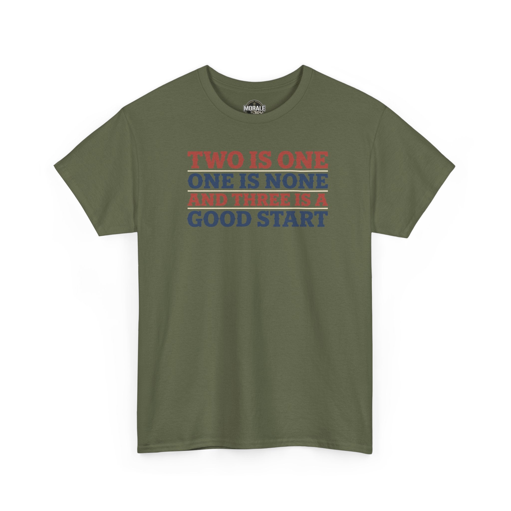 Olive green T-shirt with colorful slogan graphic on chest