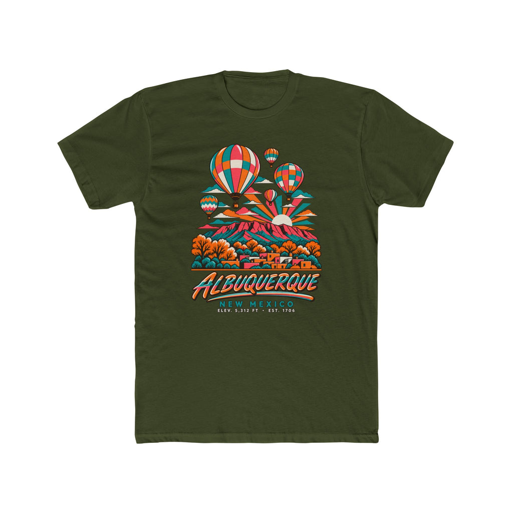 Olive green t-shirt with hot air balloon festival graphic and Albuquerque New Mexico text