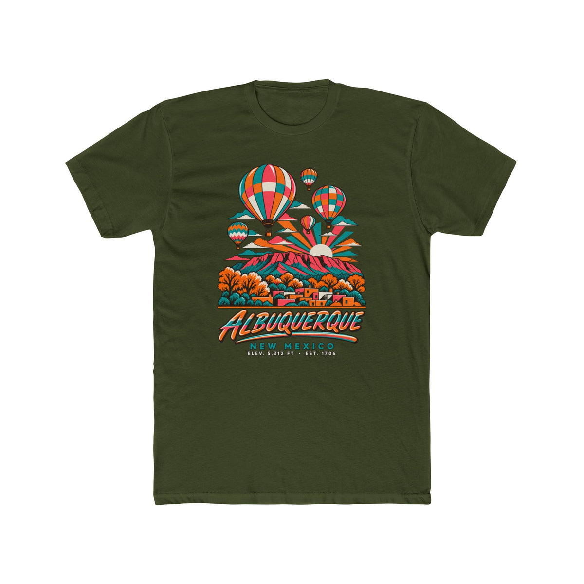 Olive green t-shirt with hot air balloon festival graphic and Albuquerque New Mexico text