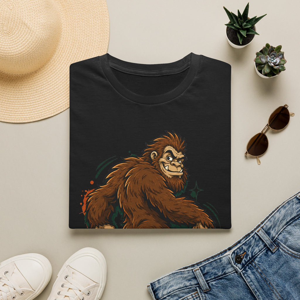 Black crewneck T-shirt with brown smirking sasquatch graphic and star accents