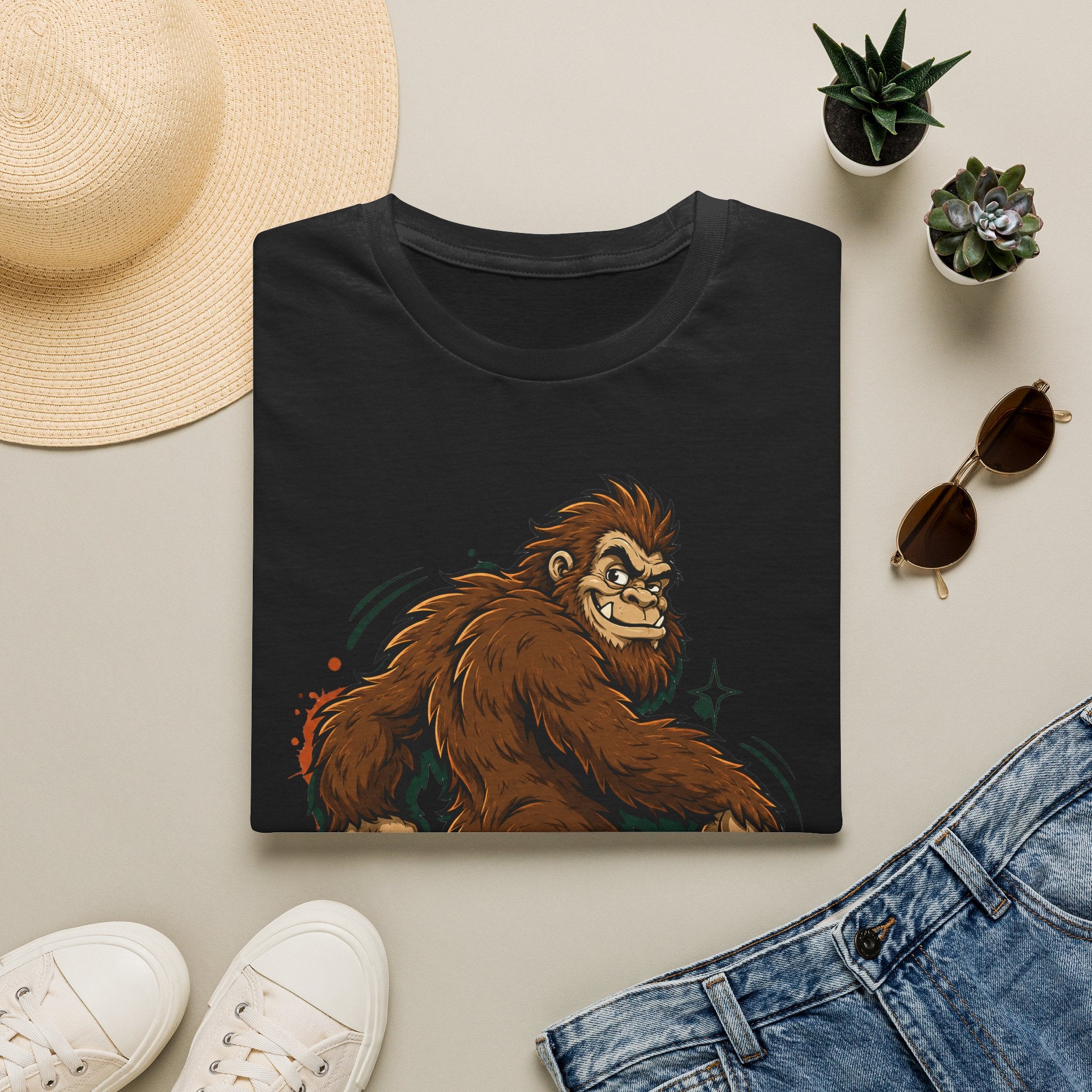 Black crewneck T-shirt with brown smirking sasquatch graphic and star accents