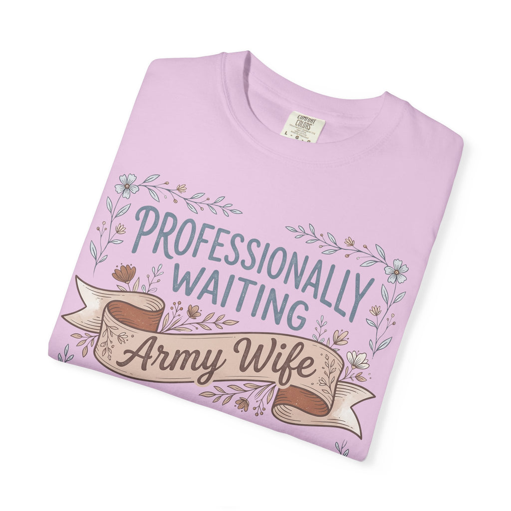 Lavender crewneck T-shirt with floral ribbon graphic and 'Army Wife' text.