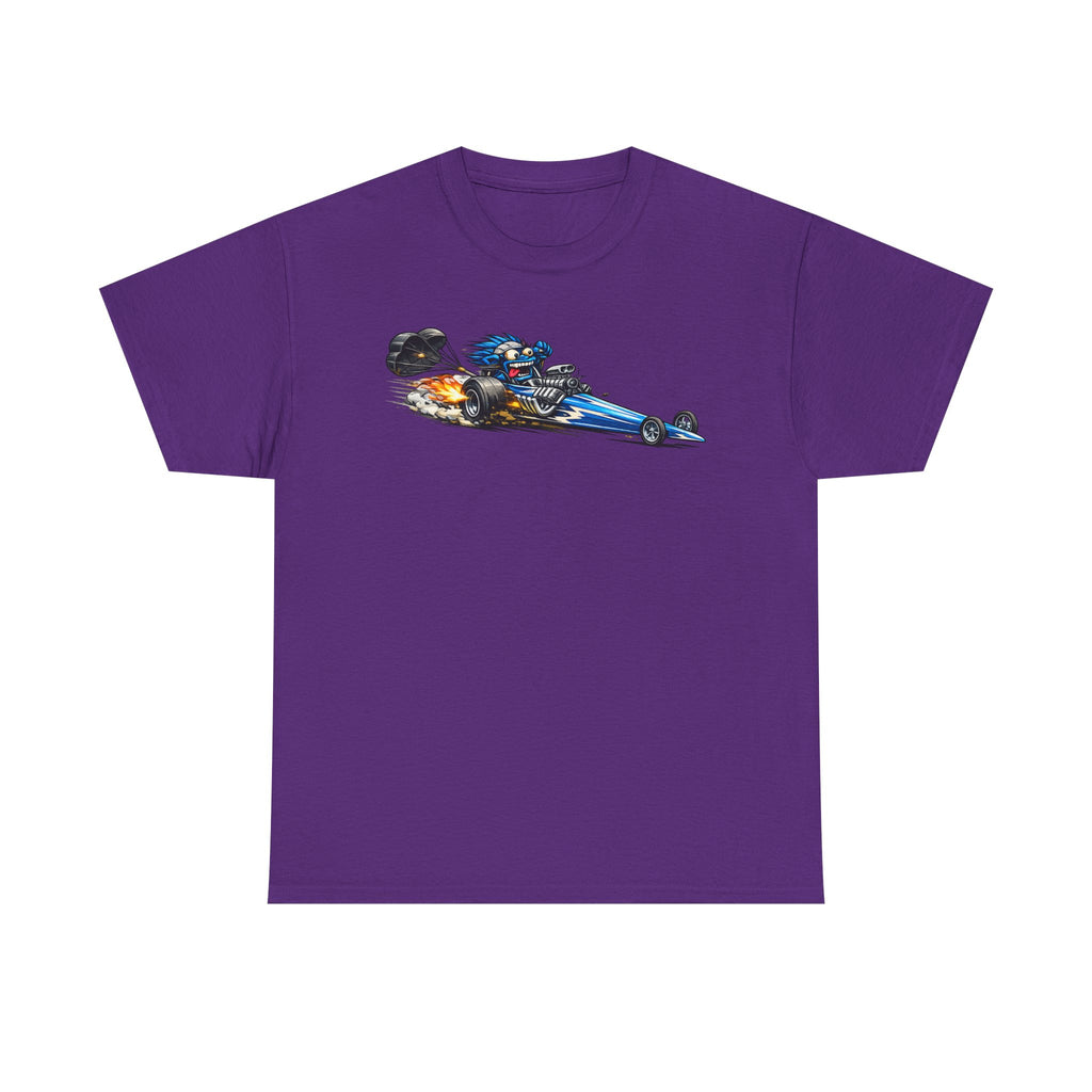Purple graphic tee with flaming dragster hot rod car front print