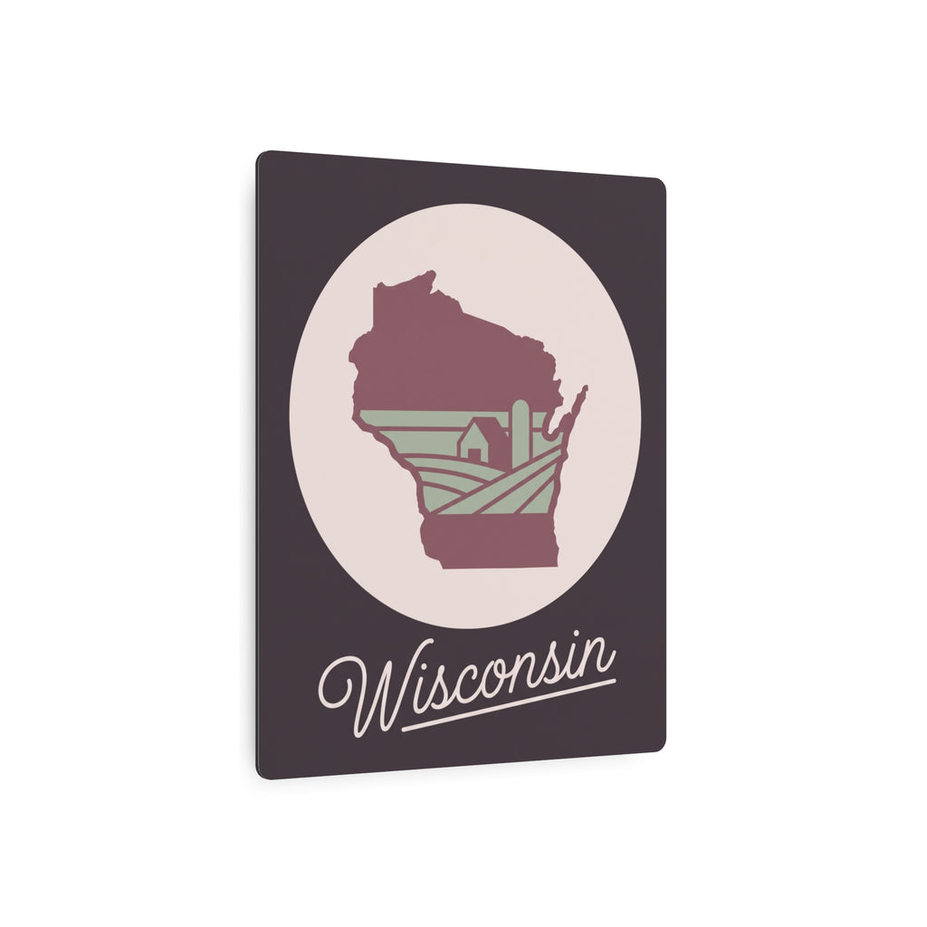 Maroon Wisconsin silhouette metal wall art sign with circular center and “Wisconsin” text